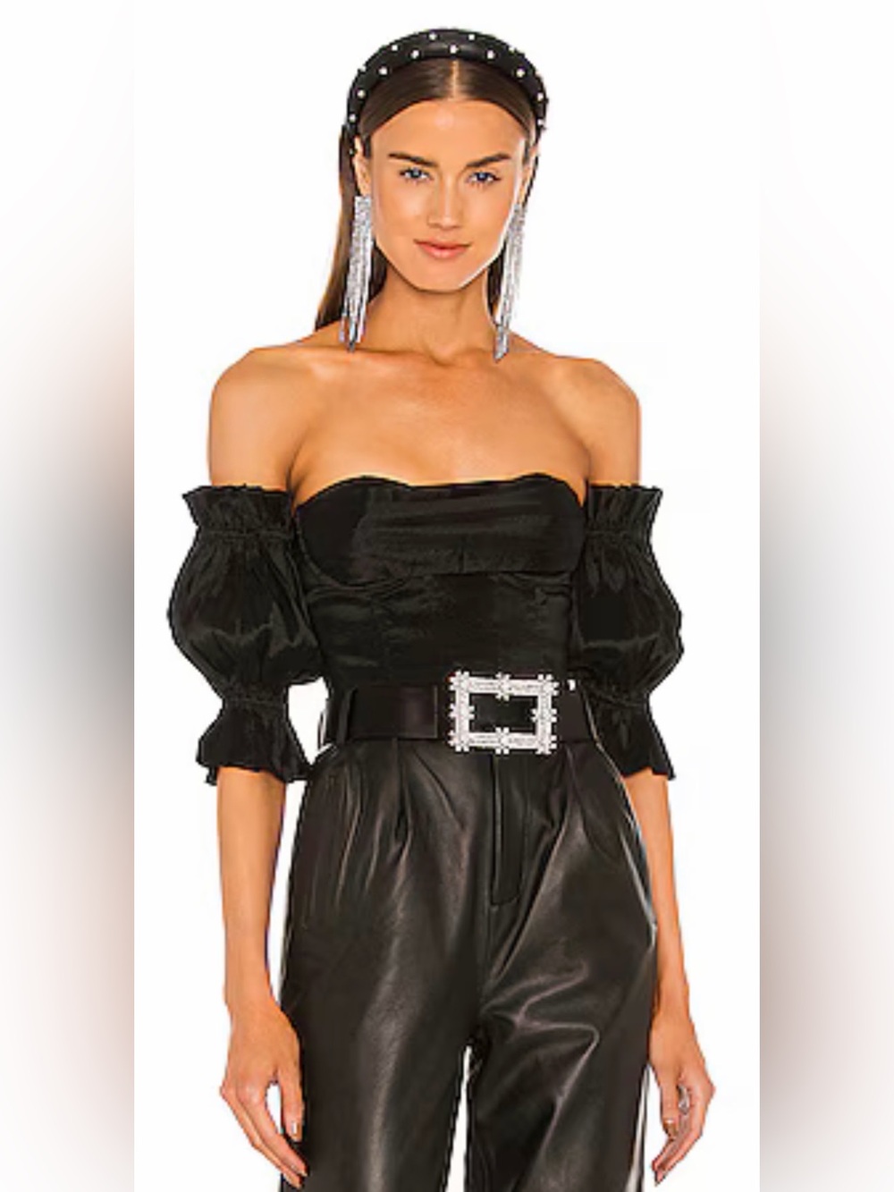 Lovers + Friends Tyra Black Bustier Top with Off Shoulder Puff Sleeves